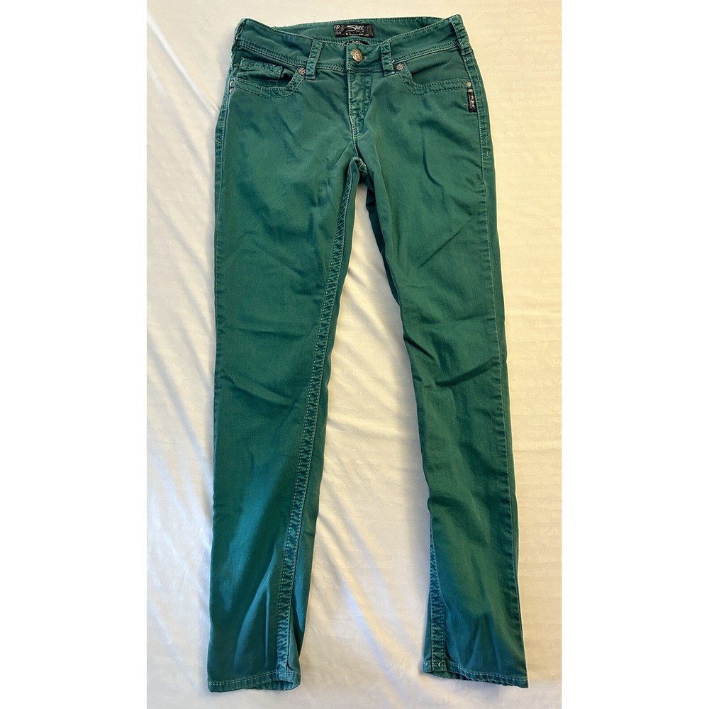 Silver Jeans Women's Sz 27 x 31 Suki Skinny Mid Rise Green Stretch Color Denim